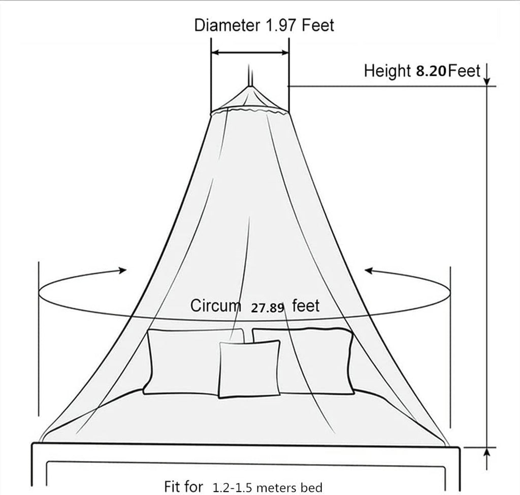 Sheer canopy mosquito net with domed top shown with size diagram