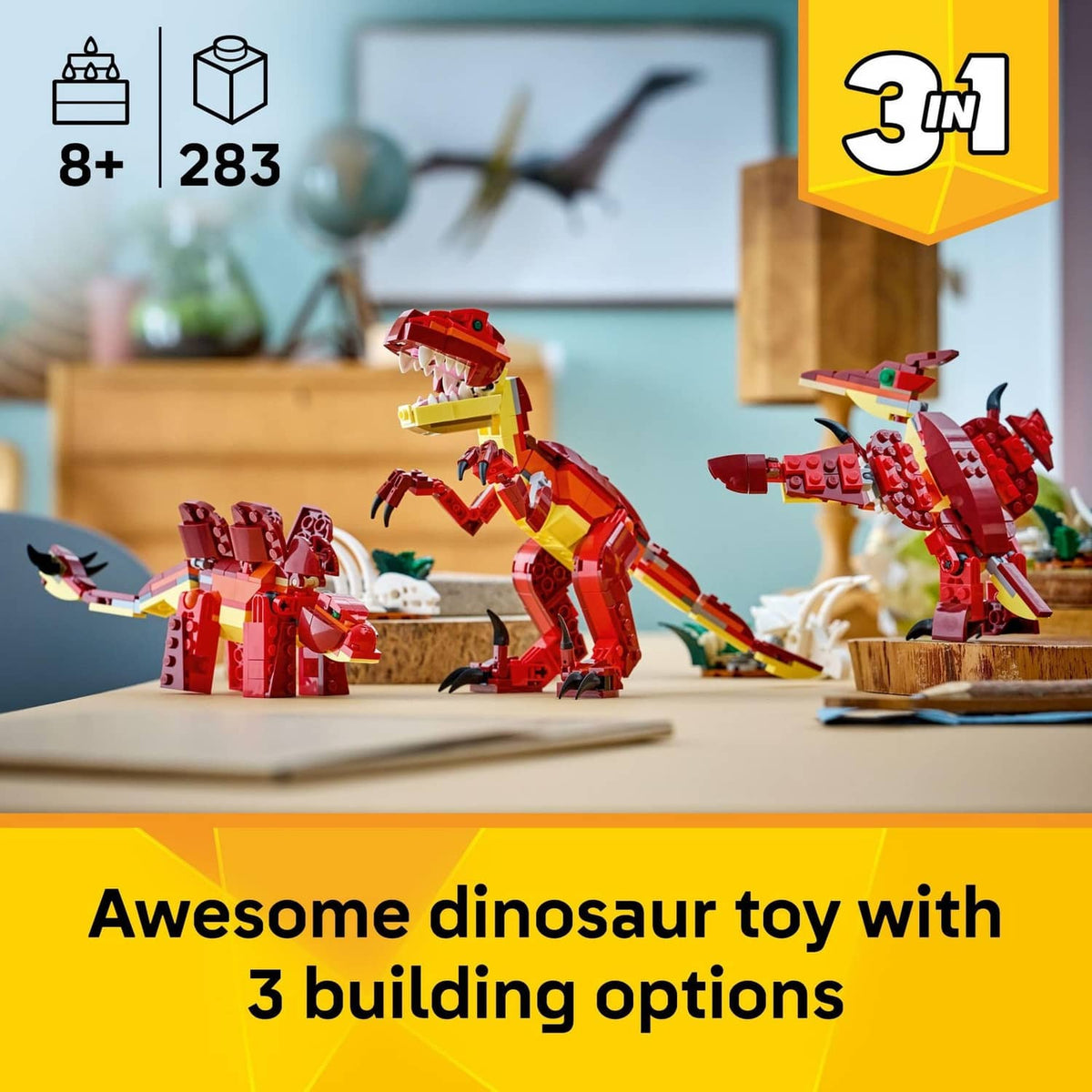 LEGO Creator dinosaur building toy with red and yellow dinosaur models on a play surface
