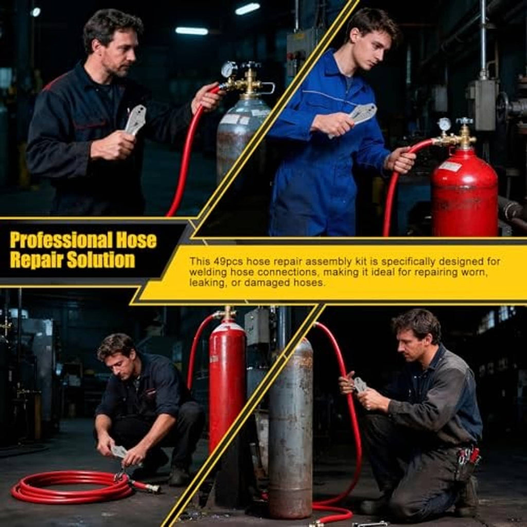 Welding hose repair kit in use with worker crimping brass hose connections on gas tank
