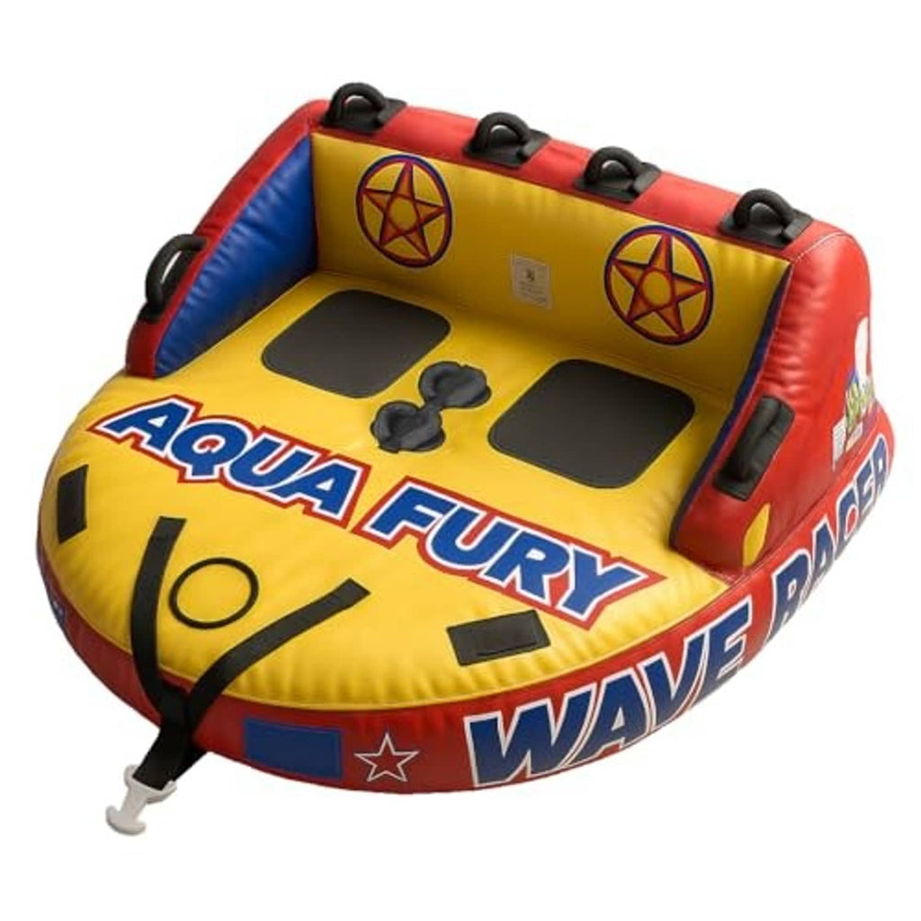 Inflatable towable boat tube for 1–2 riders, red yellow blue with dual seat cutouts