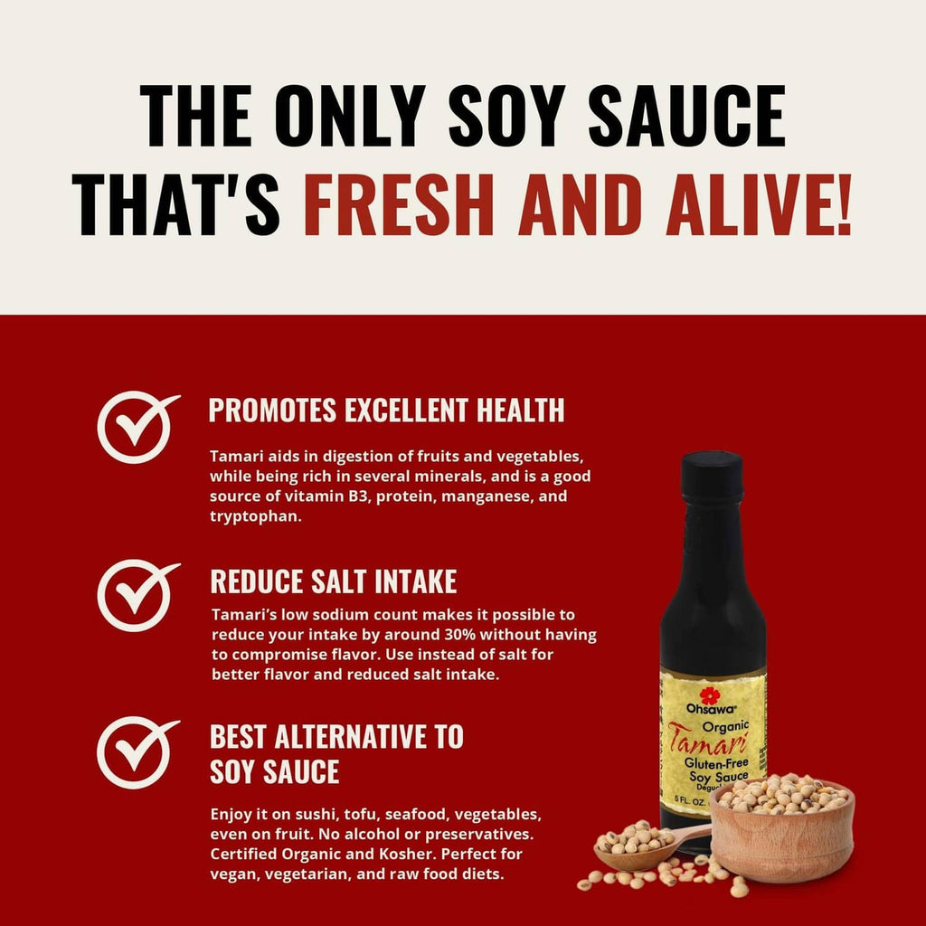 Tamari soy sauce bottle with soybeans in wooden dish