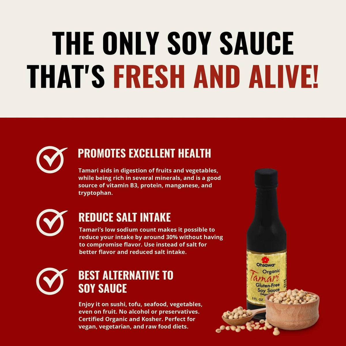 Tamari soy sauce bottle with soybeans in wooden dish