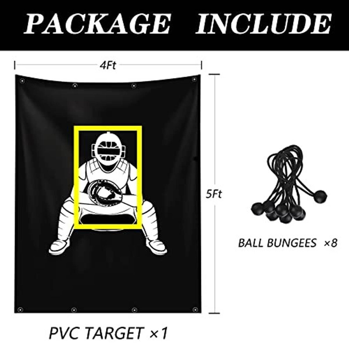 Black baseball target banner with catcher graphic and ball bungees (8) in package