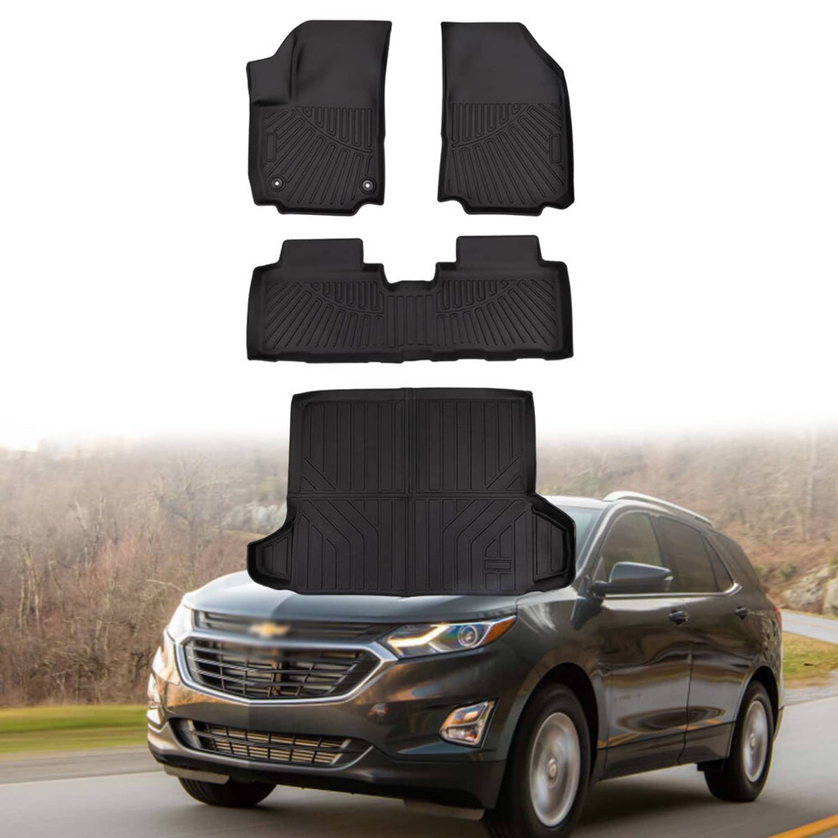 Black rubber floor mats set with cargo liner installed on Chevrolet Equinox