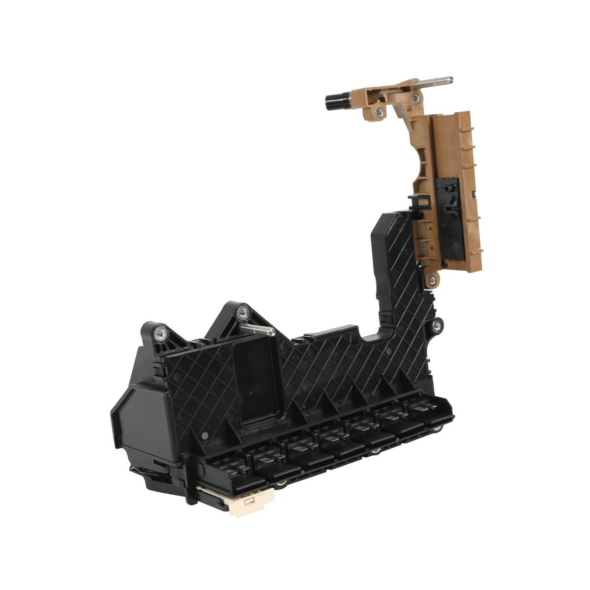 Black TCM transmission lead frame with tan connector and sensor port opening