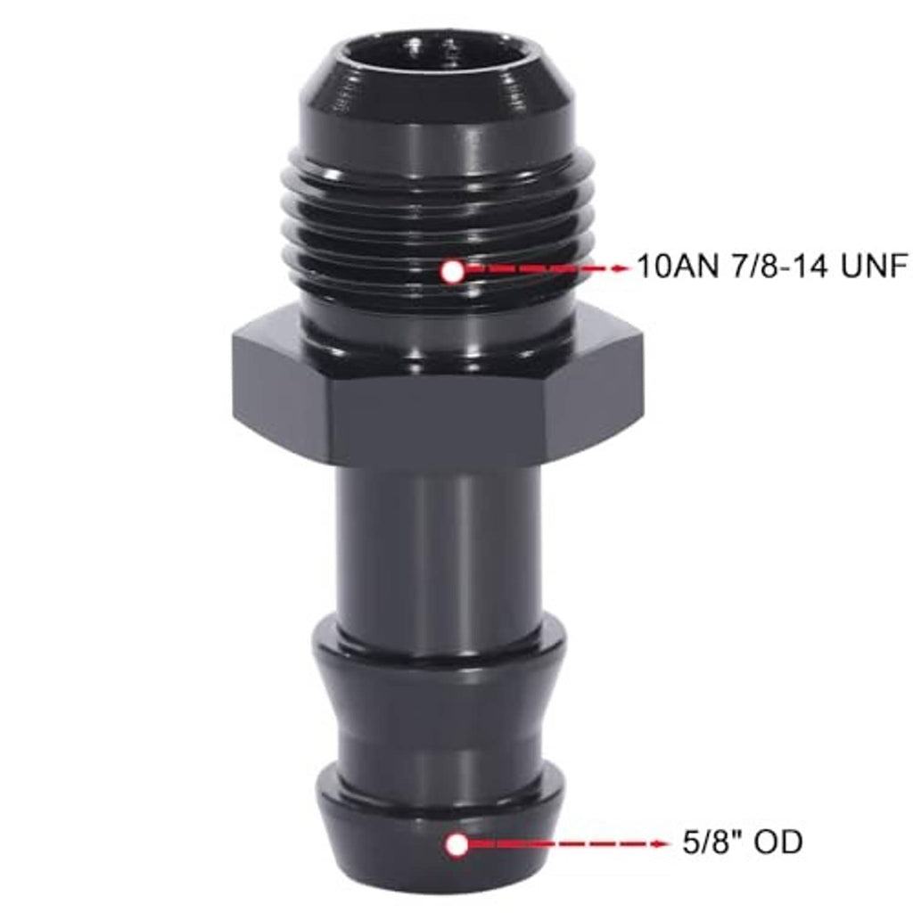 Black straight fitting adapter, male AN flare to 5/8" hose barb connection