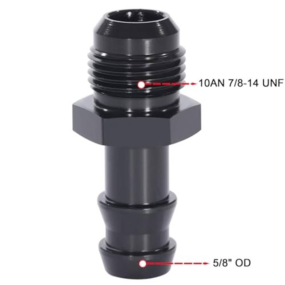 Black straight fitting adapter, male AN flare to 5/8" hose barb connection