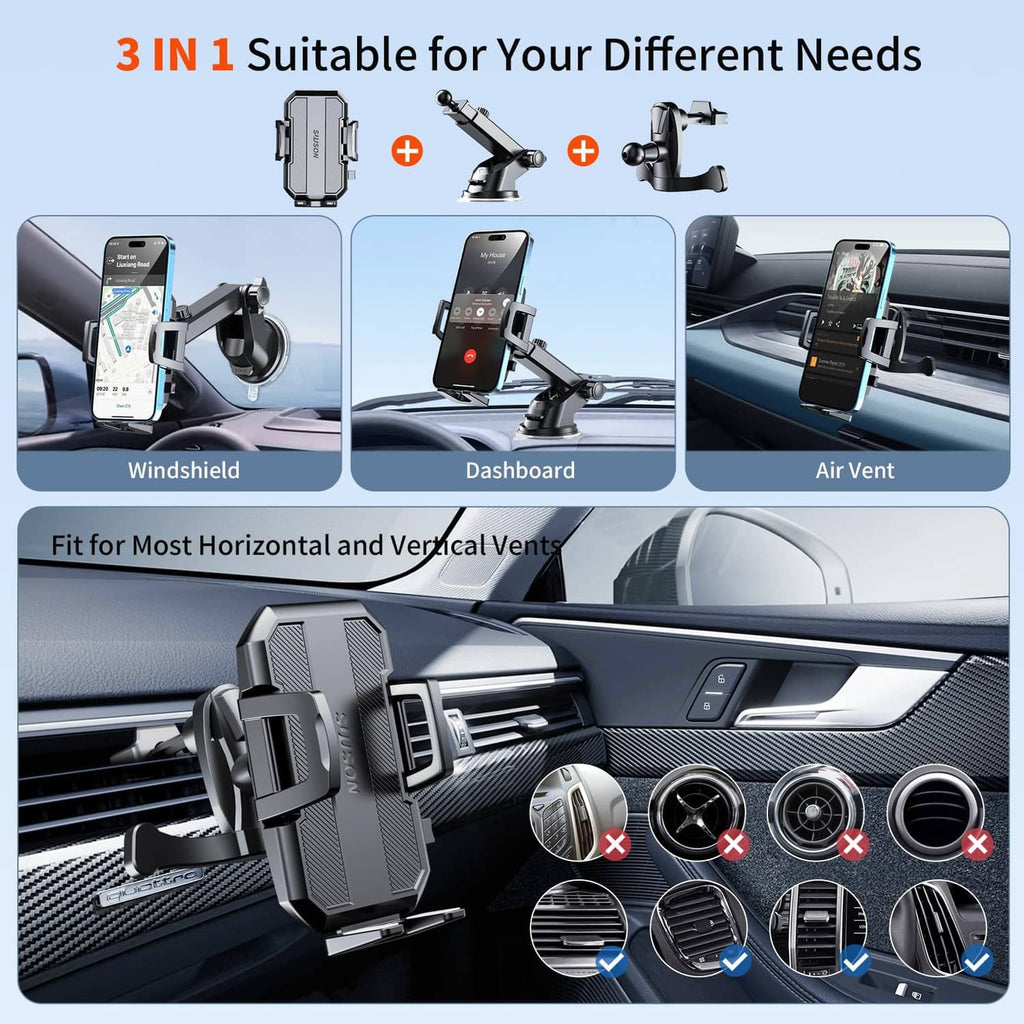 Black 3-in-1 car phone holder for windshield, dashboard, or air vent mounting