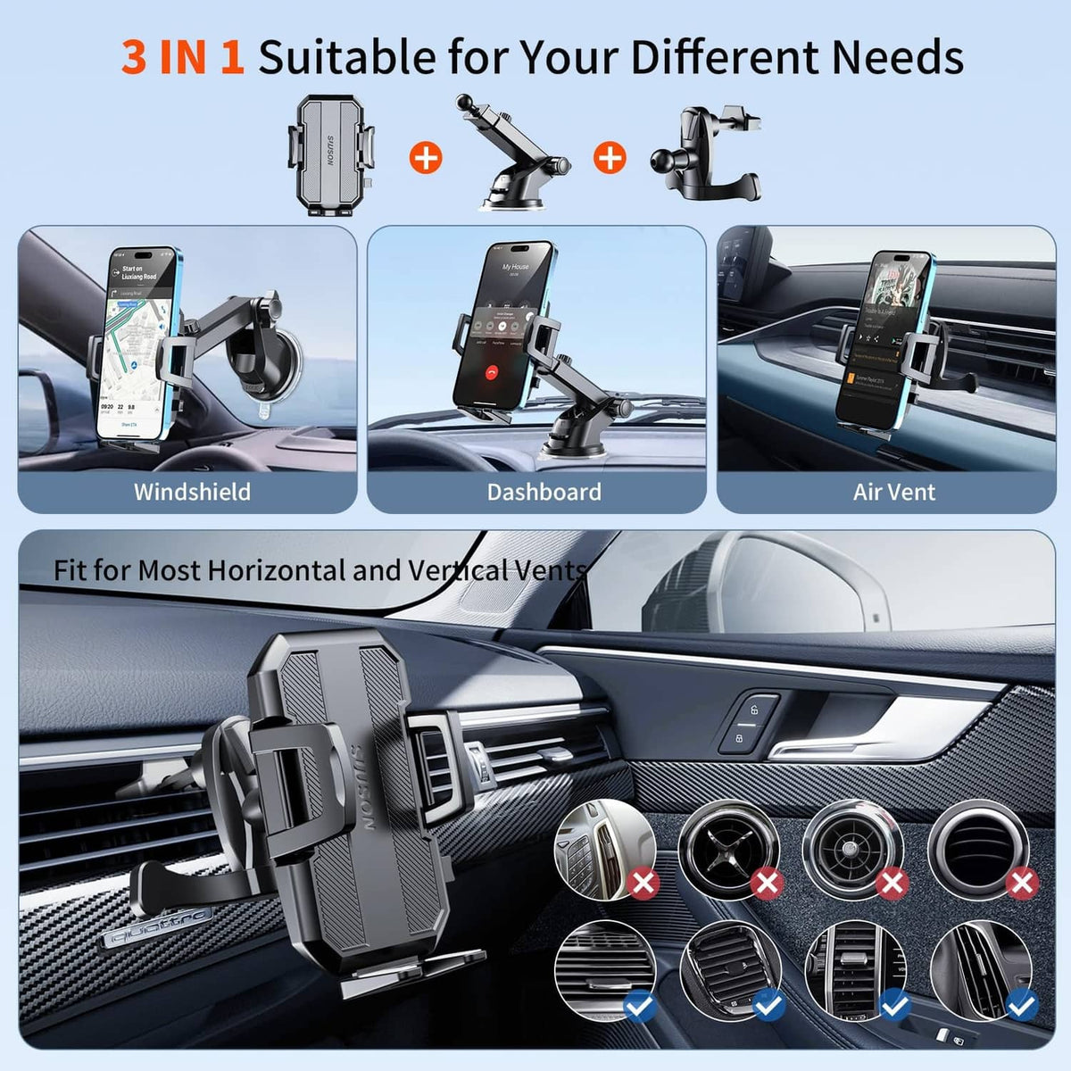 Black 3-in-1 car phone holder for windshield, dashboard, or air vent mounting