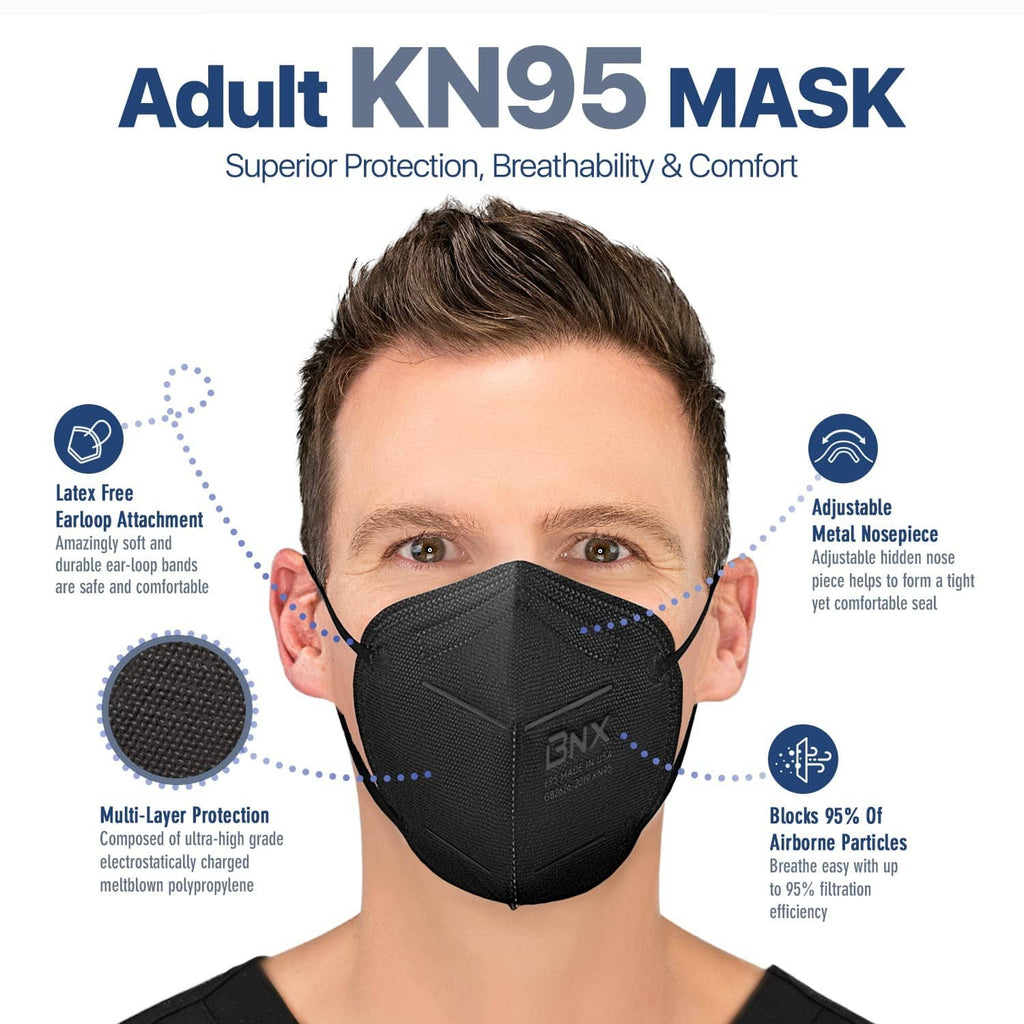 Black BNX KN95 respirator face mask for large adults, shown on wearer with ear loops