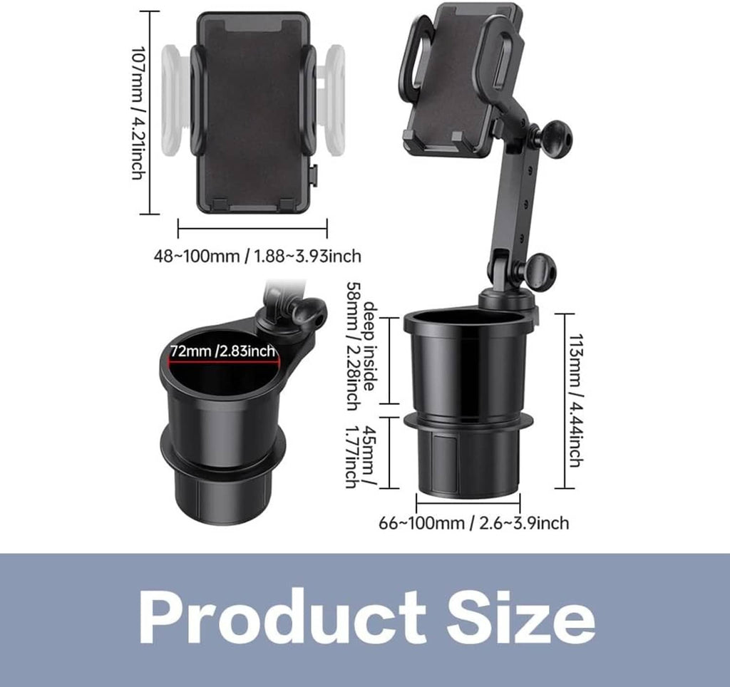 Car cup holder phone mount in black with dimensioned view of phone clamp and cup insert
