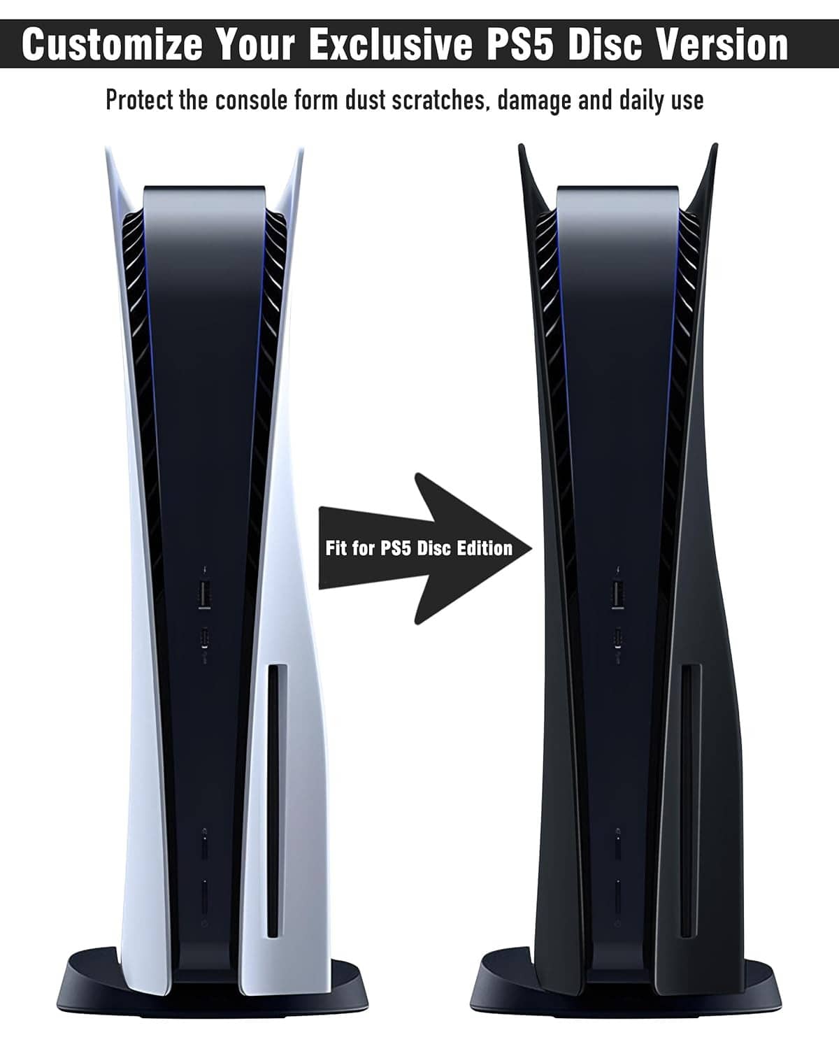 Black PS5 Disc Edition faceplate cover, replacement shell with vertical vent slots