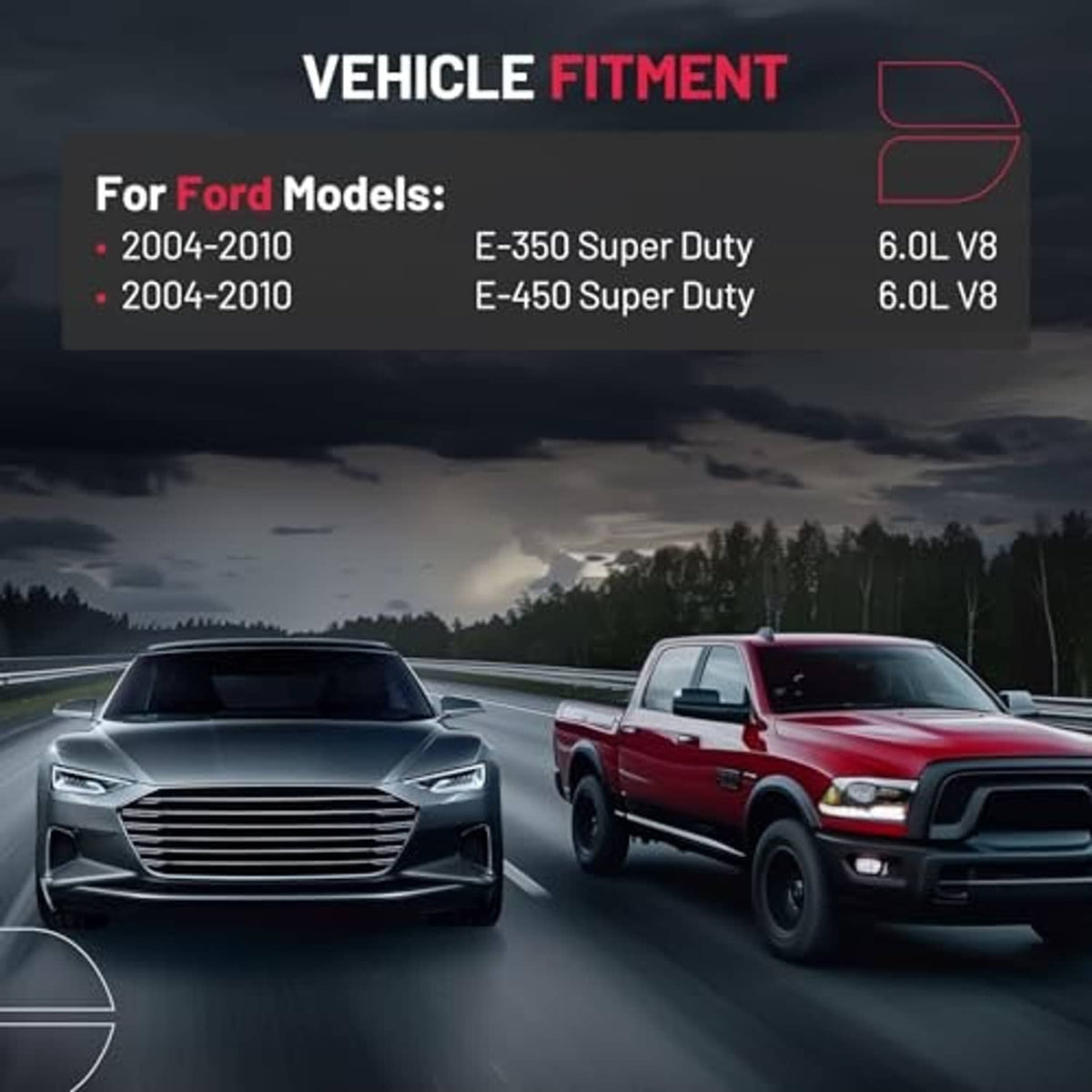 Two pickup trucks driving on a highway with vehicle fitment text overlay
