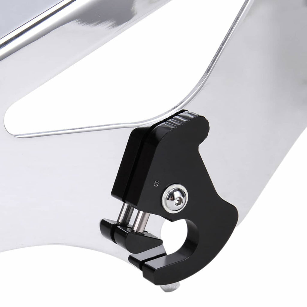 Close-up of black mounting latch with silver bolt on silver rack bracket