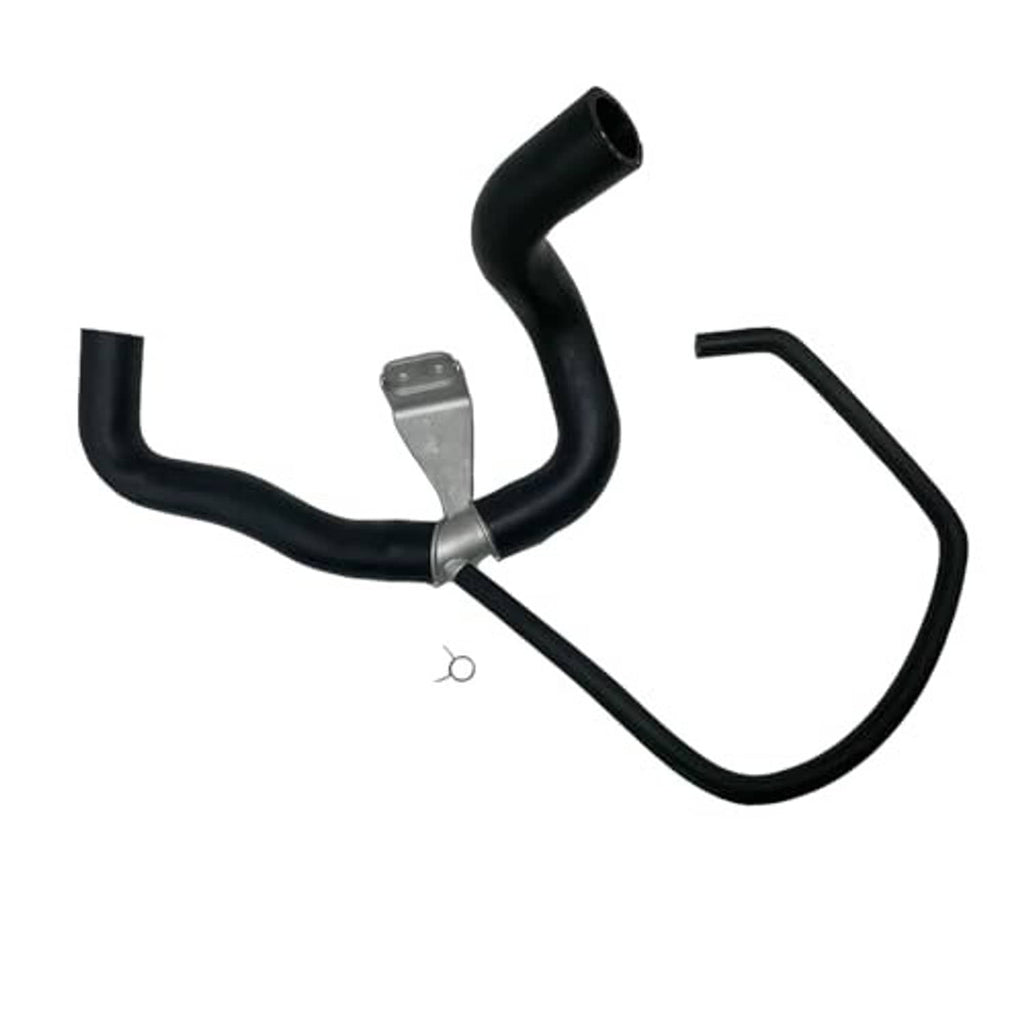 Coolant hose set with black molded tubing, metal clamp, and bracket plate
