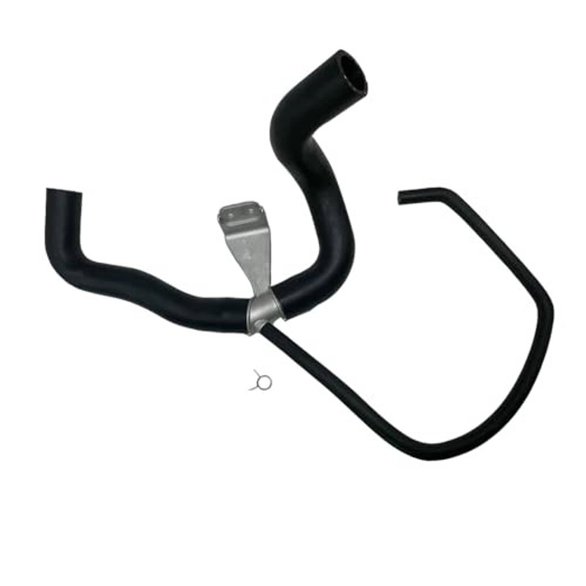 Coolant hose set with black molded tubing, metal clamp, and bracket plate