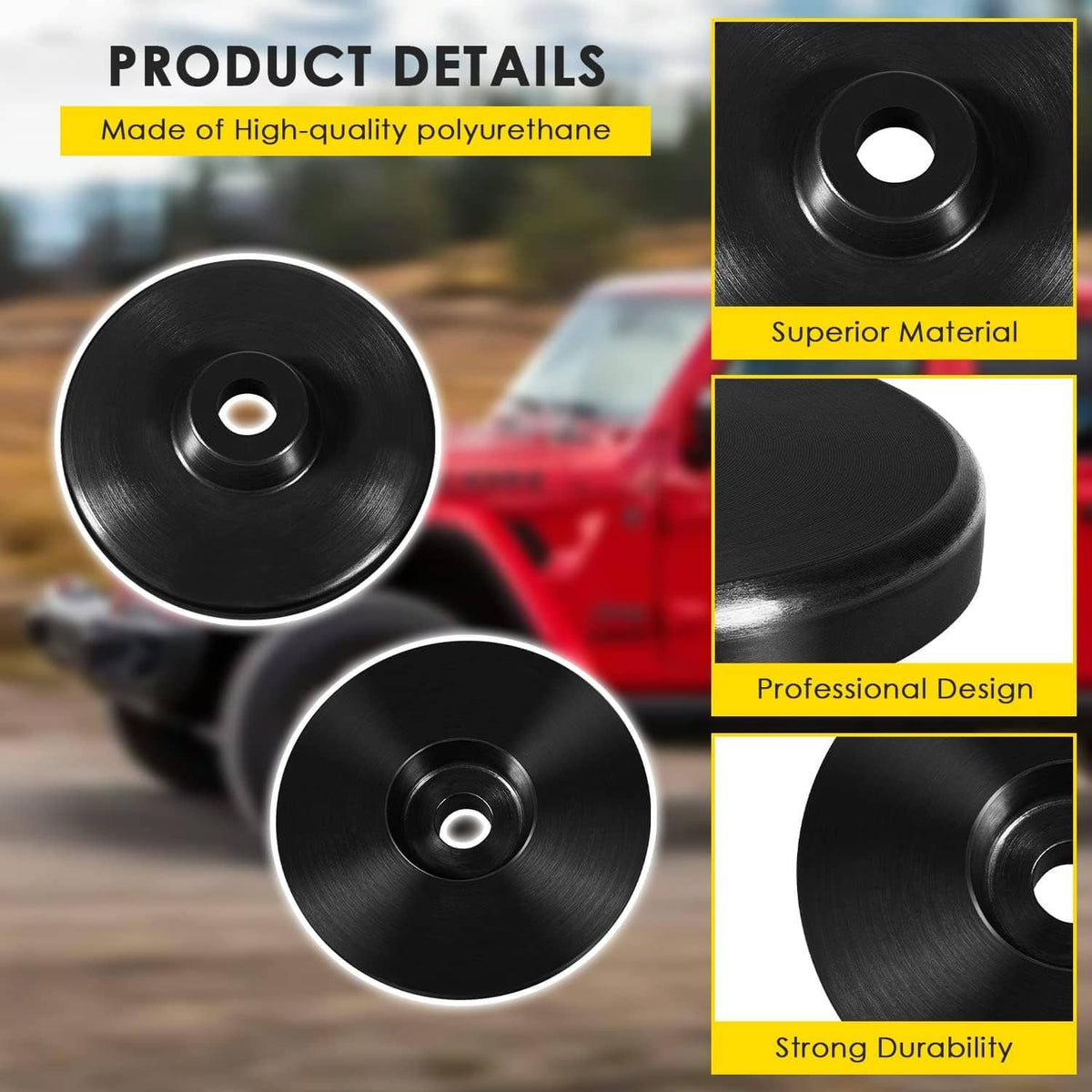 Black coil spring spacer discs set, three round units with center holes and side profile