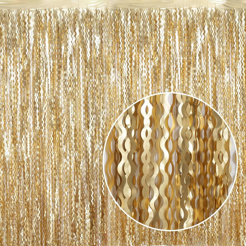 Champagne gold metallic tinsel foil curtain with wavy strands, full panel view