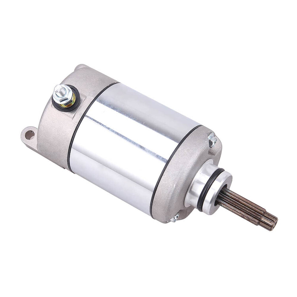 Motor starter assembly with silver casing and two mounting ears, visible output shaft
