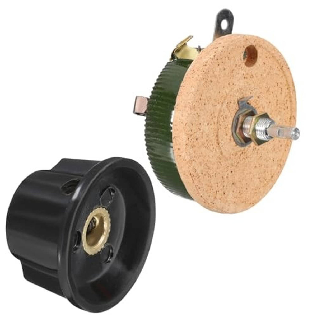 Ceramic disc adjustable resistor with metal shaft terminals and black mounting base