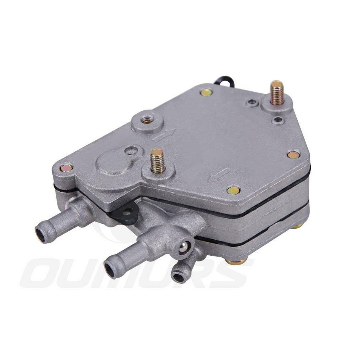 Gray fuel pump with two outlet tubes, threaded studs, and a black base seal