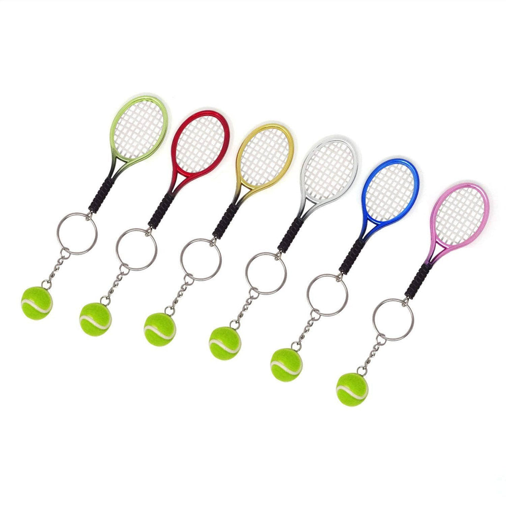 Set of mini tennis racket keychains with neon green, red, yellow, white, blue, pink balls