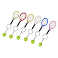 Set of mini tennis racket keychains with neon green, red, yellow, white, blue, pink balls