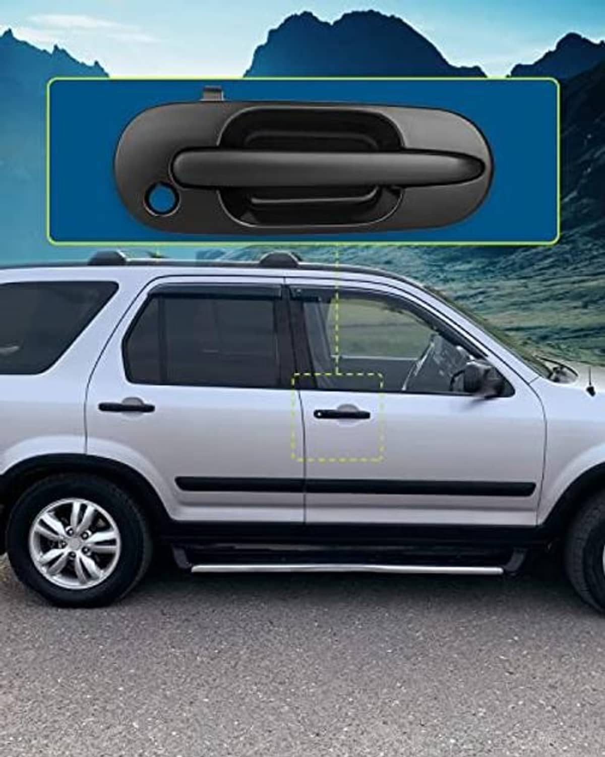 Dark gray exterior door handle installed on vehicle door, with black pull