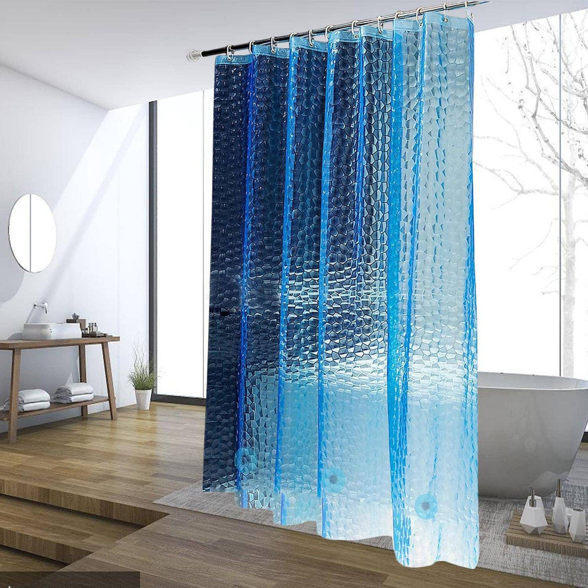 Blue waterproof shower curtain liner, textured hex pattern, top metal grommets and rings