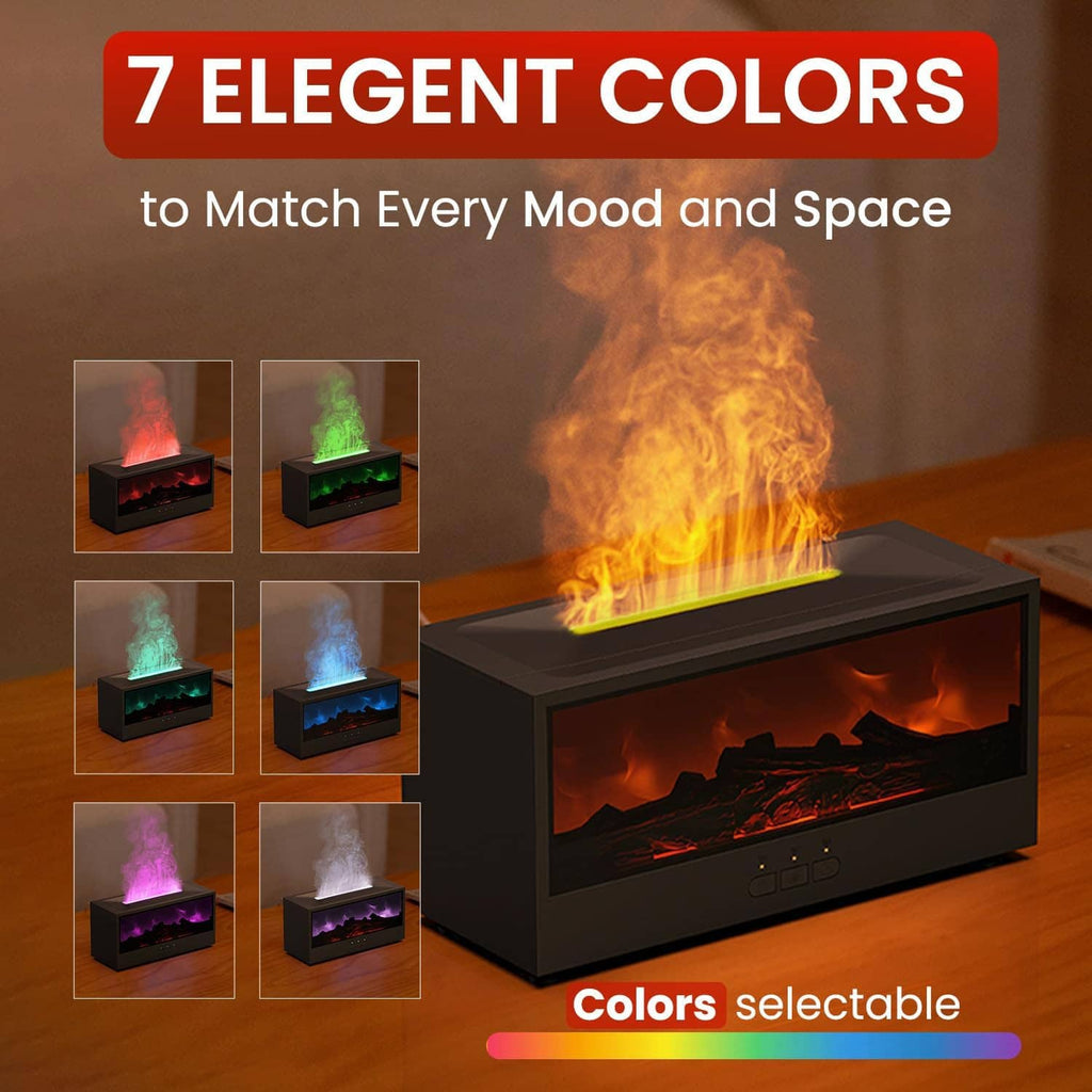 Fireplace flame diffuser humidifier showing 7 color flame options on display