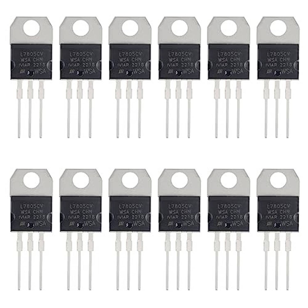 Multiple L7805CV 5V regulator ICs, black face, metal tab with hole, 3 pin leads
