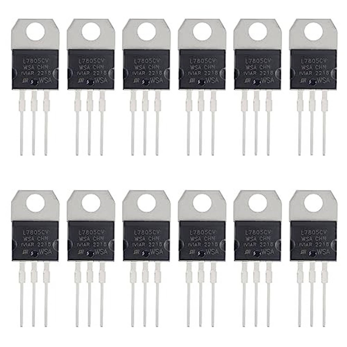 Multiple L7805CV 5V regulator ICs, black face, metal tab with hole, 3 pin leads