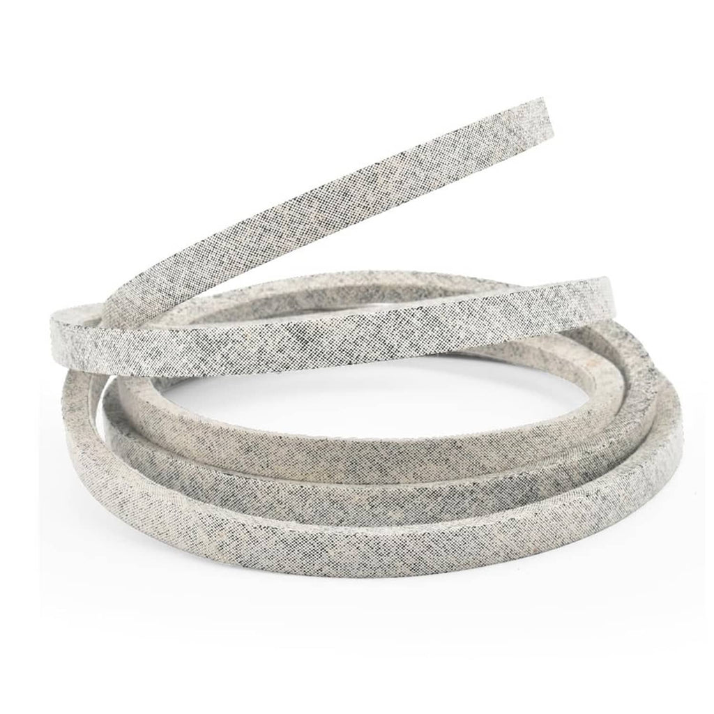 Deck belt coil with overlapping loops and one loose strap end, gray textured