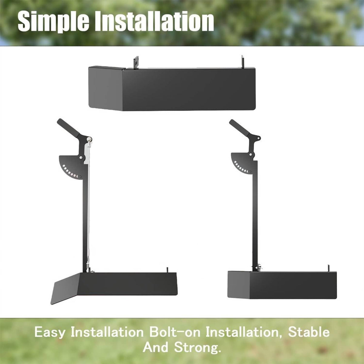 Black bolt-on chute blocker with two side deflectors and base mounting plates
