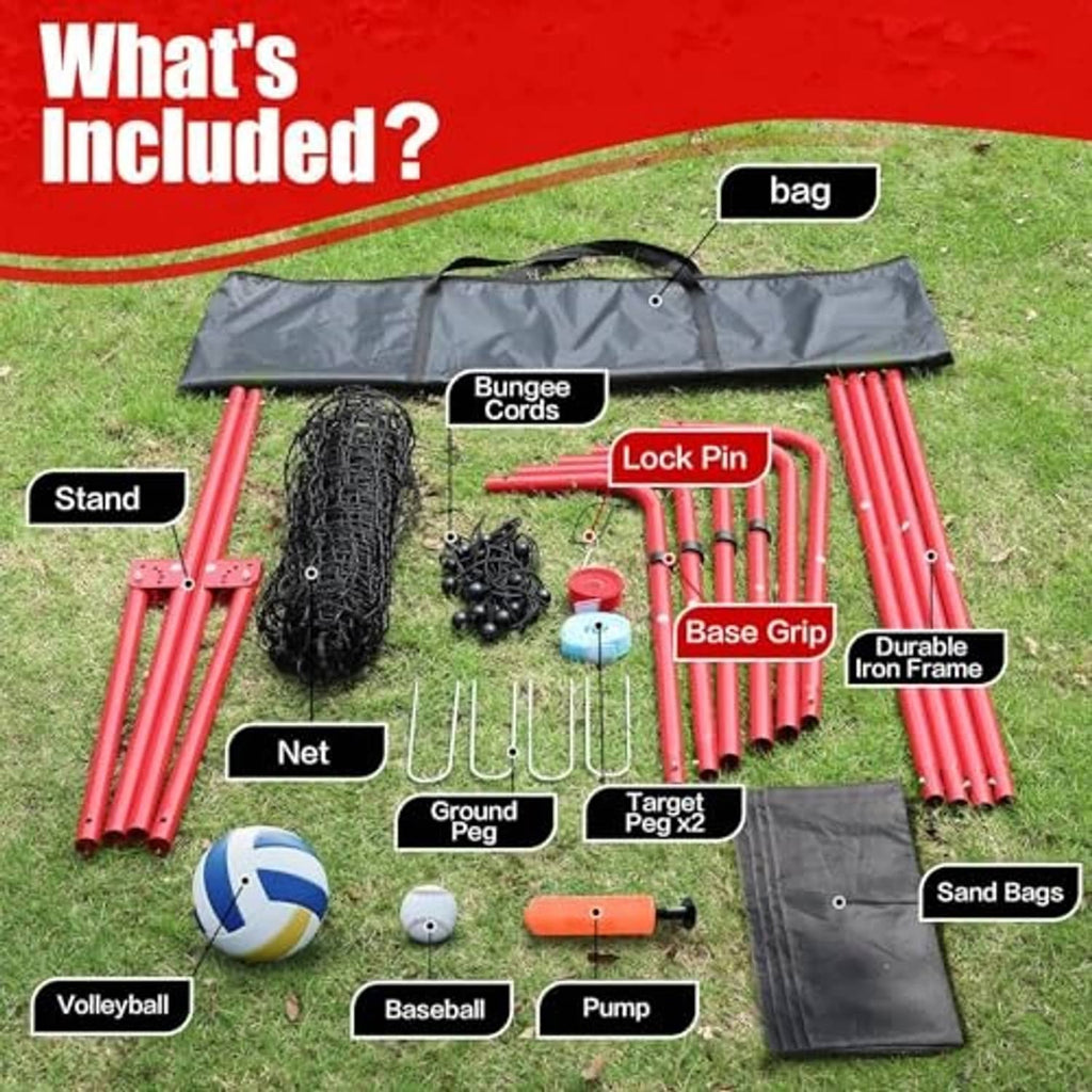Rebounder net kit with net, red poles, pump, and carry bag plus balls and pegs