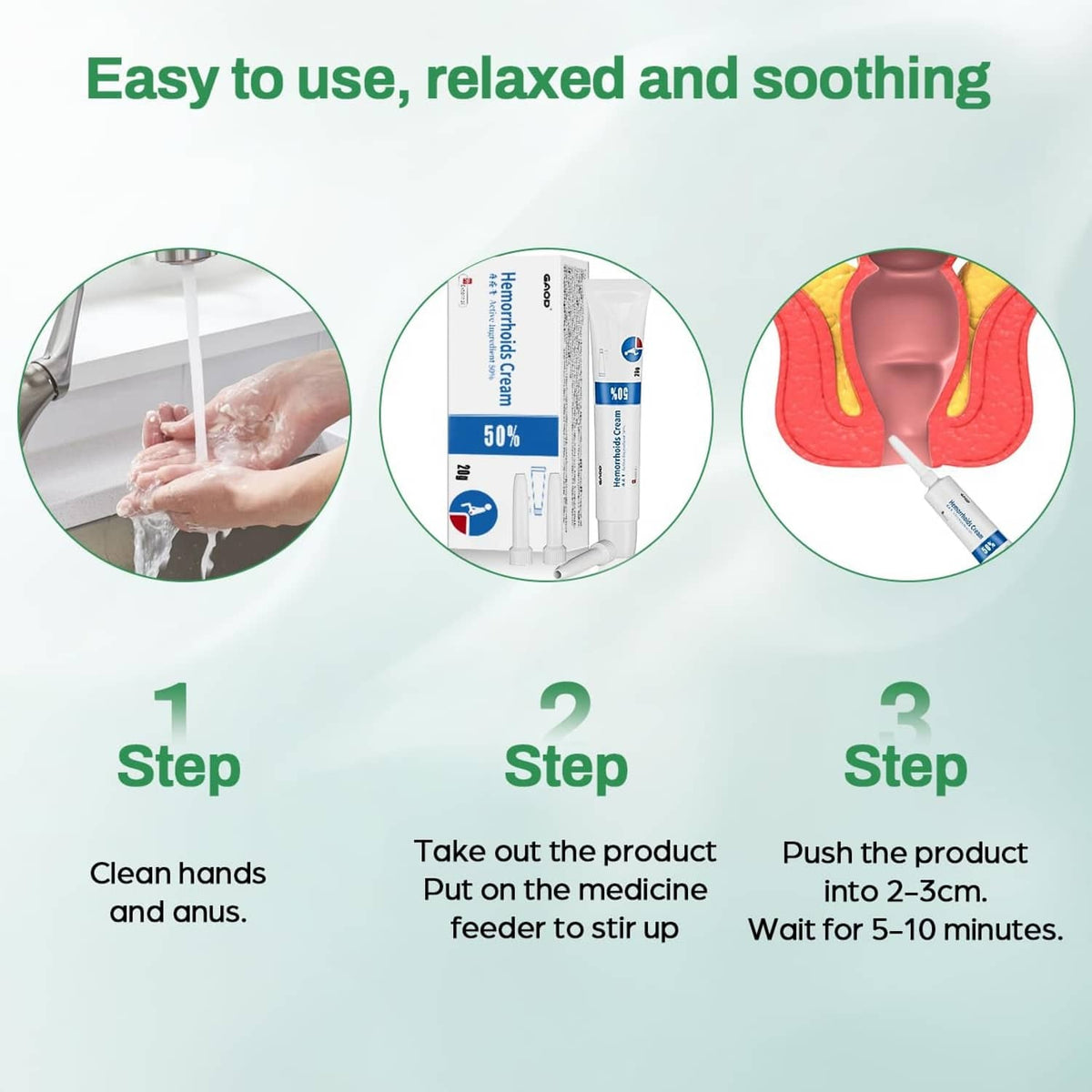 White hemorrhoid cream tube with blue % 50 label, 20 g, displayed with usage steps