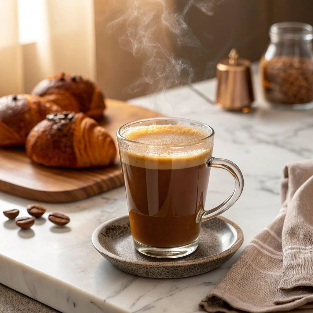 Hazelnut Creme flavored coffee in a glass mug with crema foam