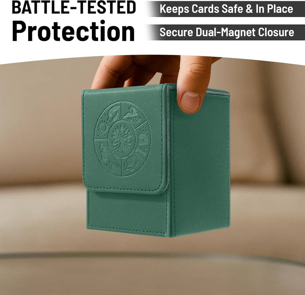 Teal green deck box with embossed emblem on front flap and secure dual-closure style