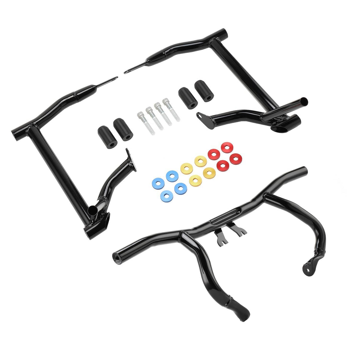 Black front and rear crash bar flat-out bar set with mounting bolts and colored washers