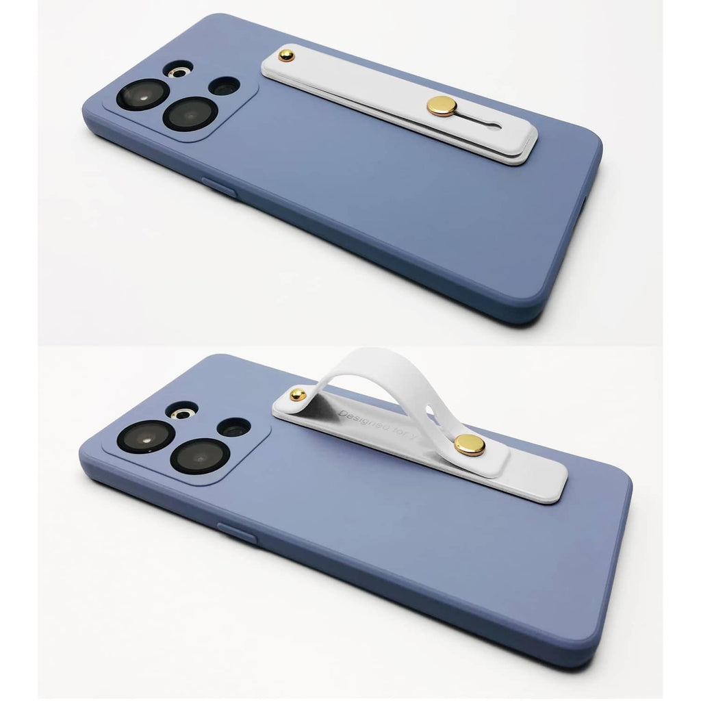 Blue phone case with white finger strap holder and gold round fasteners
