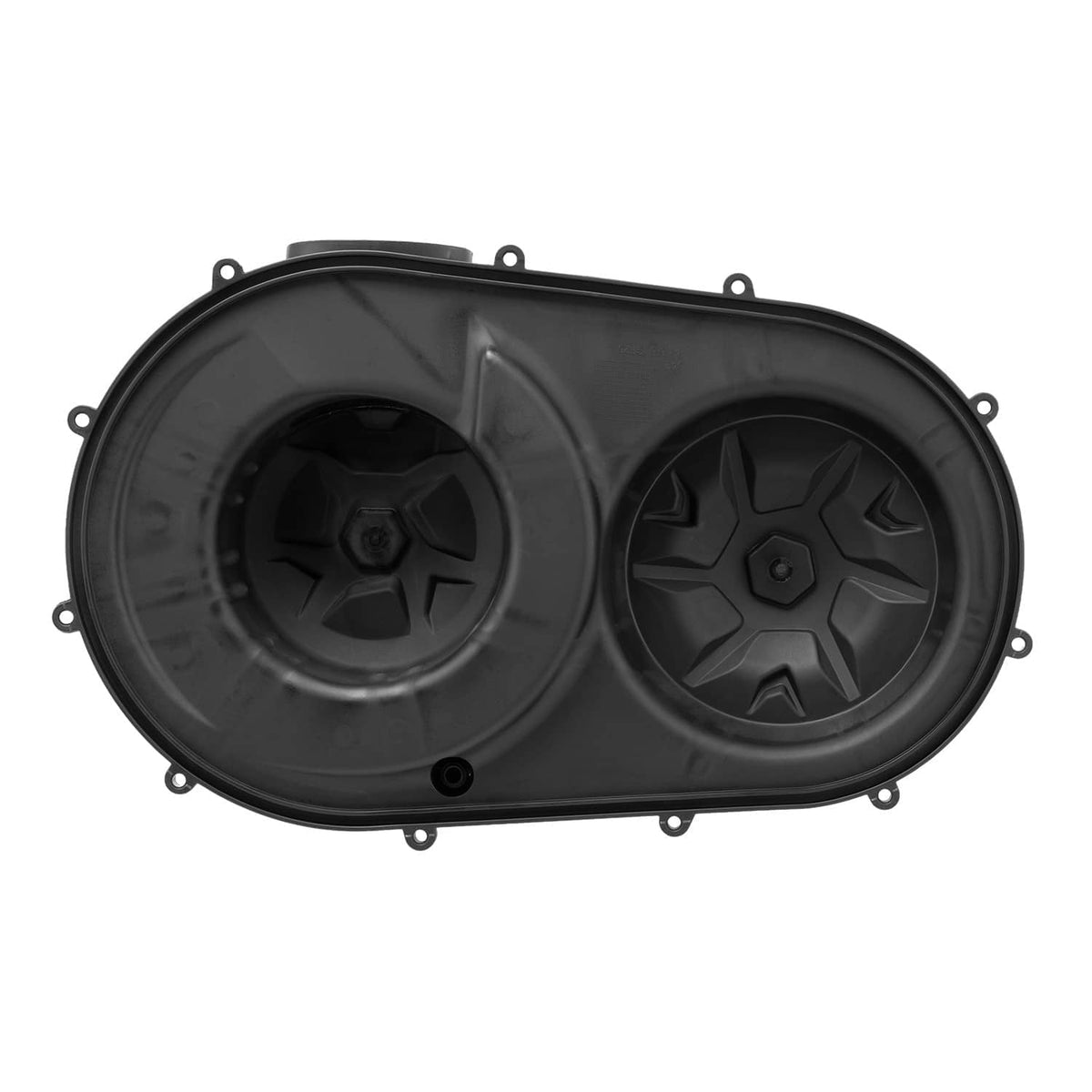 Dark outer clutch cover with two circular openings and star-pattern fan details
