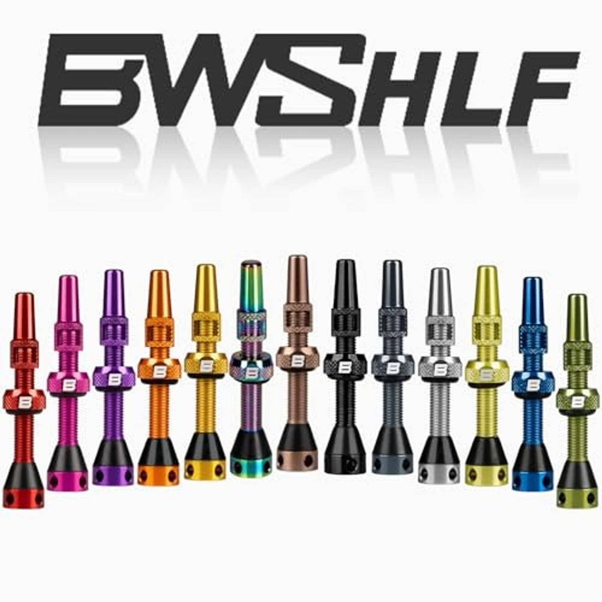 Assorted color Presta tubeless valve stems with caps, including bronze and black options