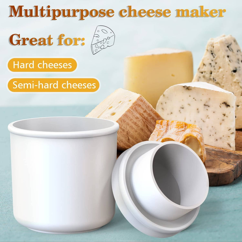 Two-piece white cheese mold set with follower press, paired with assorted cheeses