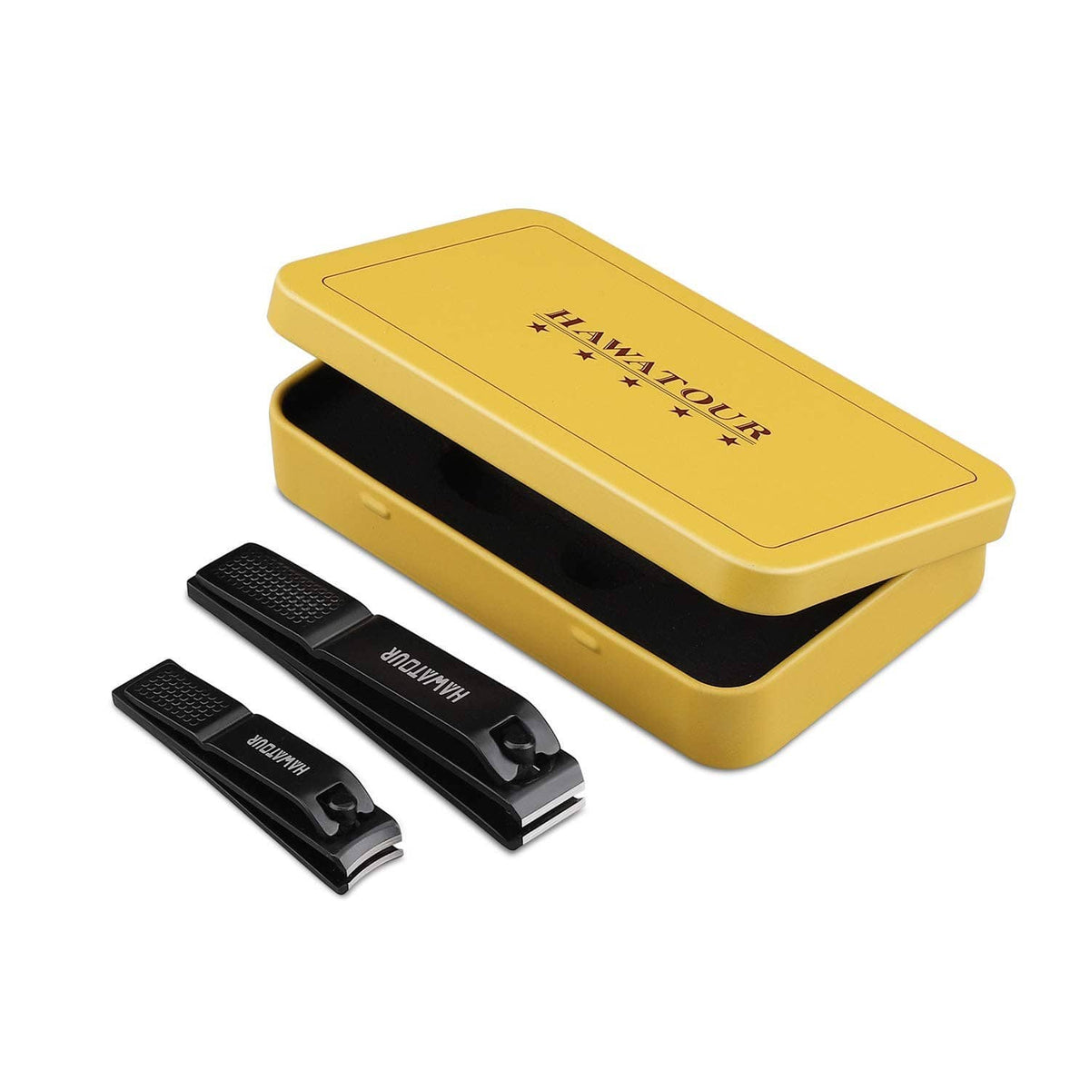 Yellow tin case with two black nail clippers and attached nail files