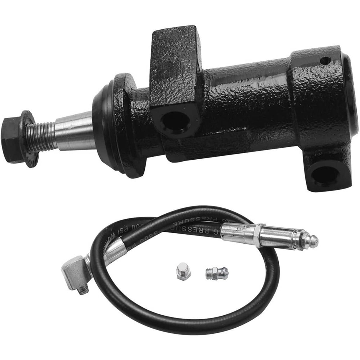 Tie rod end with long stud and black boot, plus matching small hardware