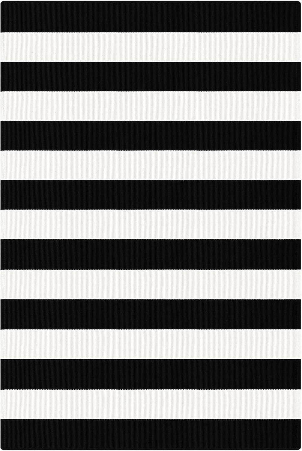 Close-up swatch of black-and-white horizontal striped area rug with dark band edges.