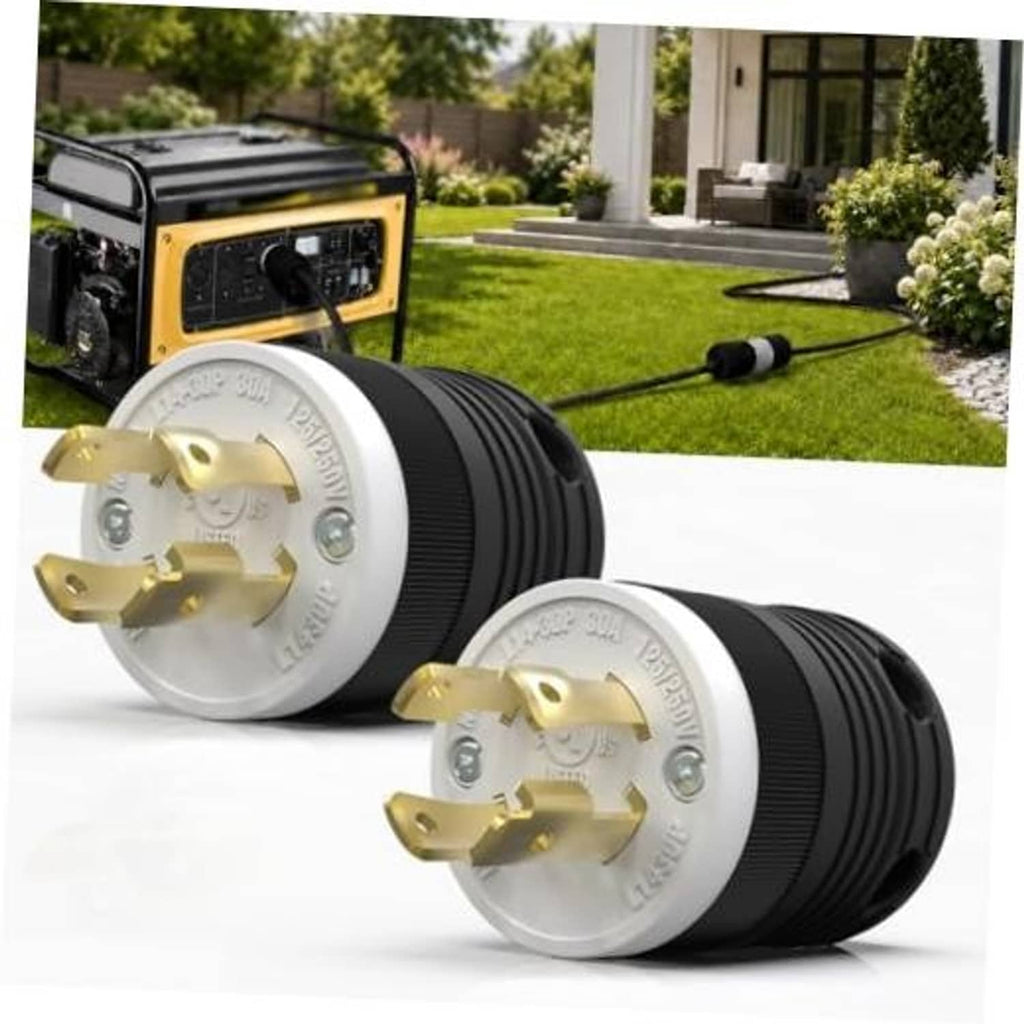 Twist-lock male plug with gold prongs, white face, and black ribbed housing, angled