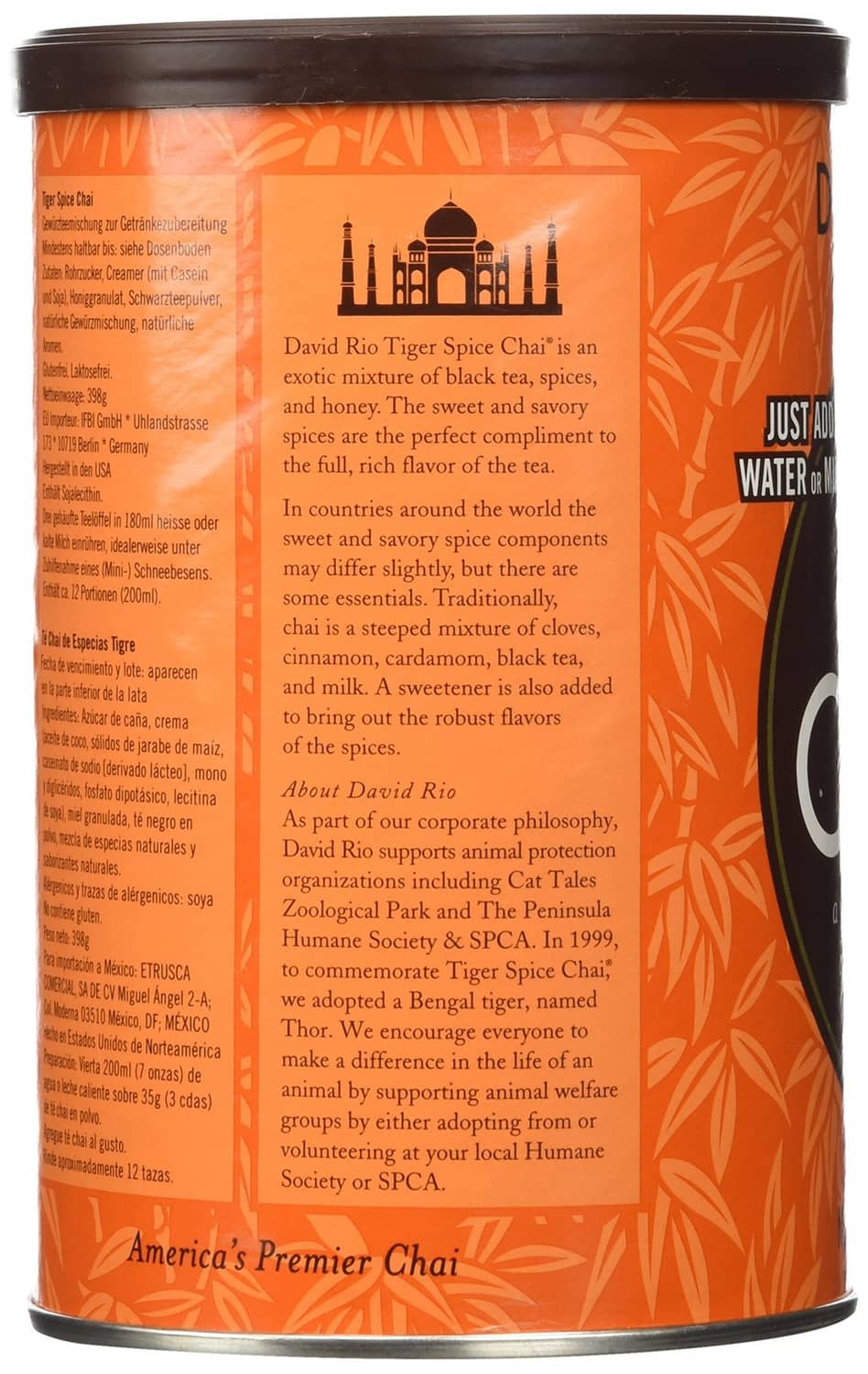 David Rio Tiger Spice chai tea canister back label with description text and nutrition details