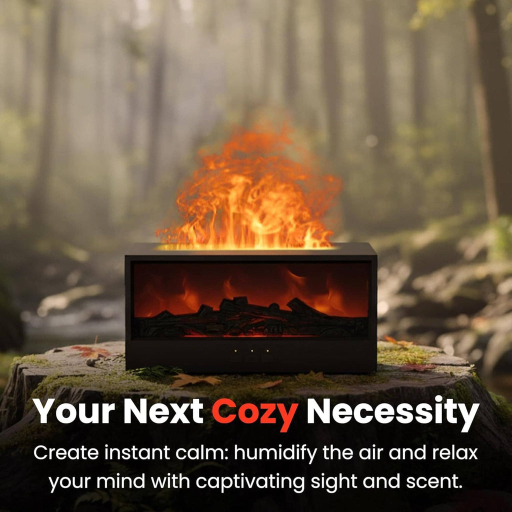 Fireplace flame diffuser humidifier with glowing orange flames on outdoor stone surface