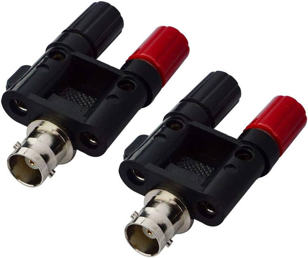Dual BNC female to banana splitter adapter, two coax sockets with red and black covers